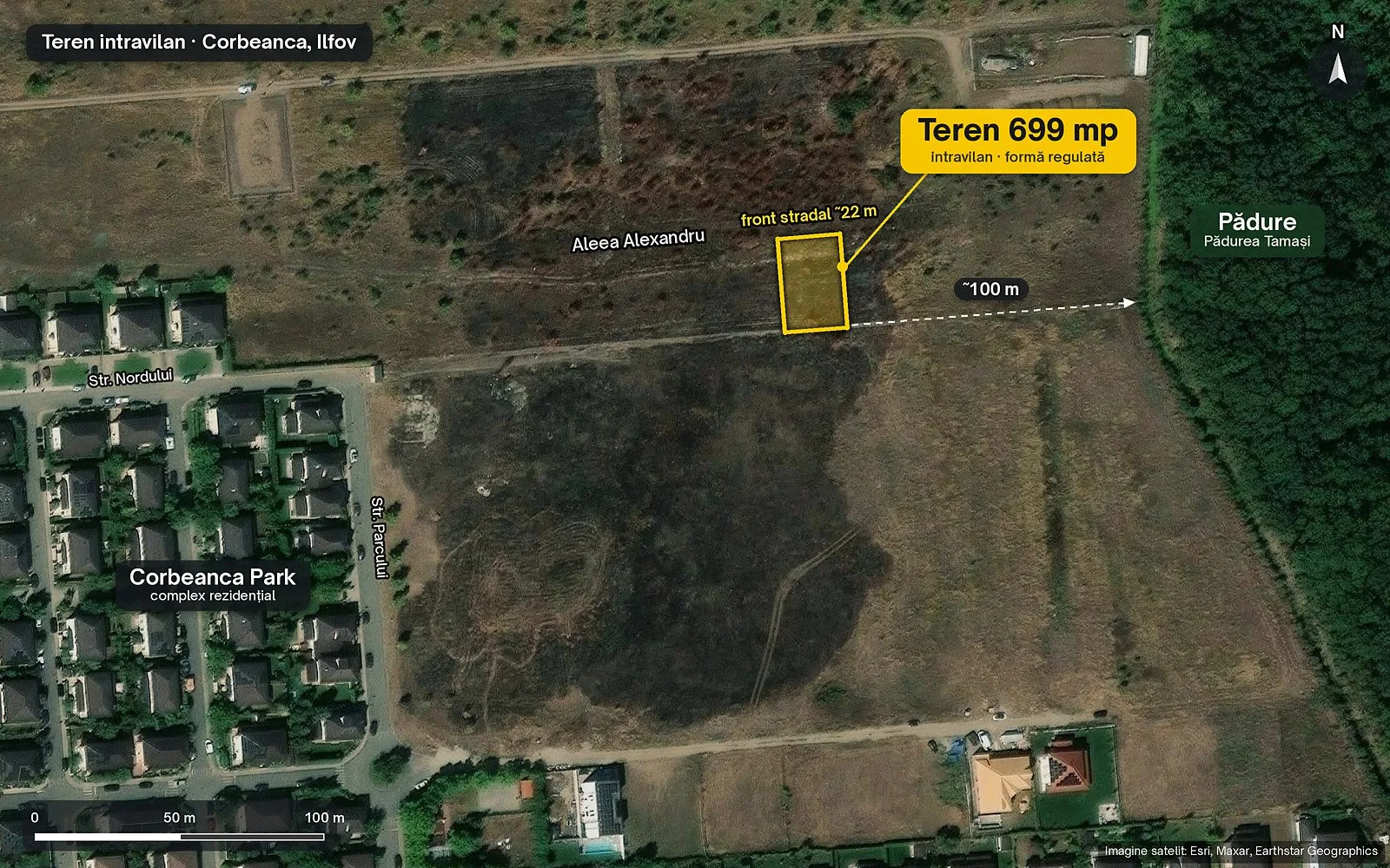 Teren intravilan 699 mp Corbeanca, contur pe harta satelit